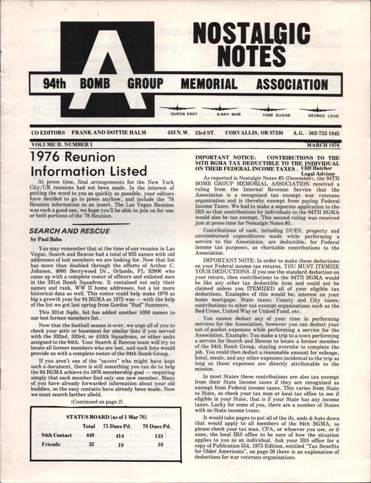 1976 March 94th Bomb Group Memorial Assoc. Military Newsletter Corvallis Oregon