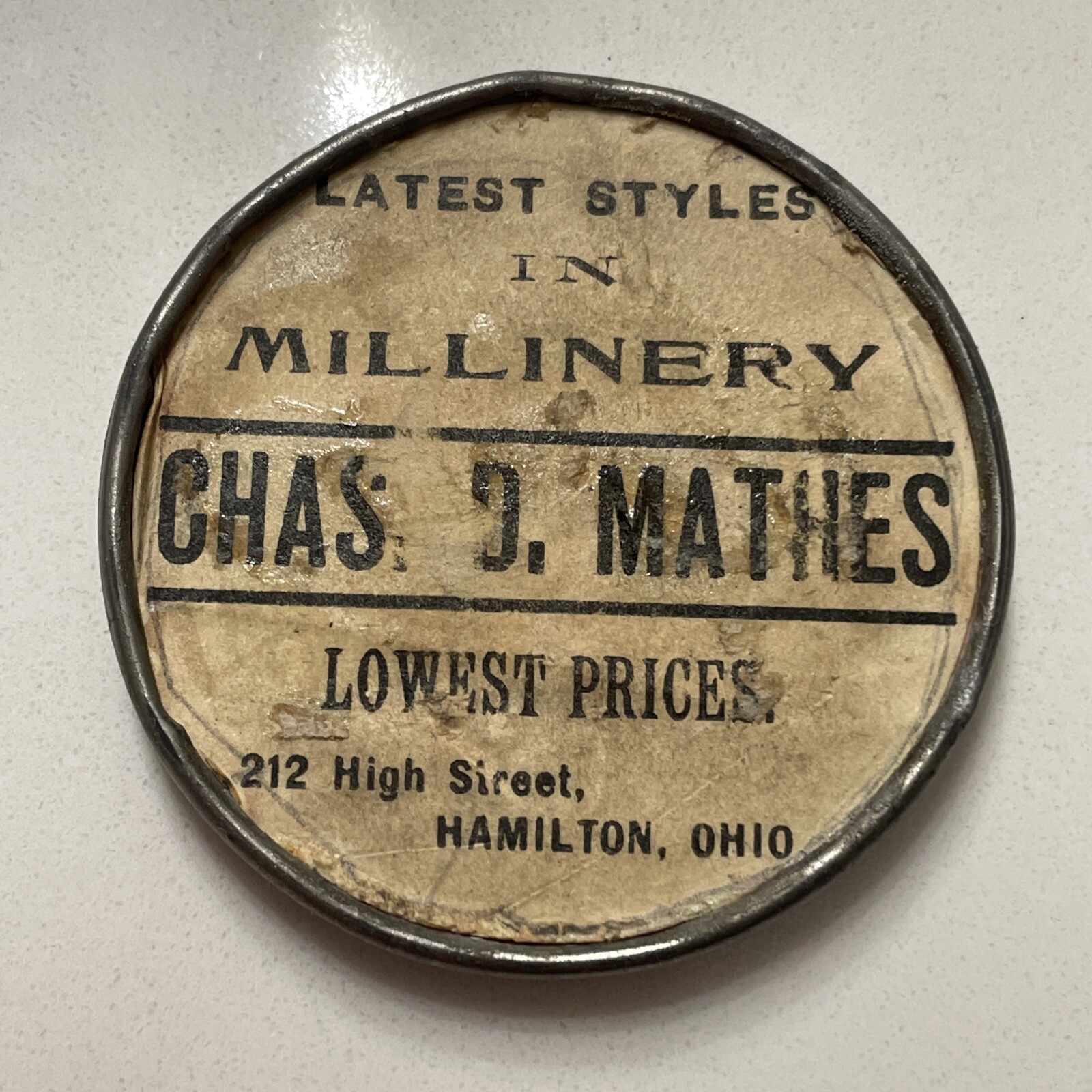 Antique Hamilton Ohio Chas D Mathes Millinery Pocket Mirror Ca1910 Advertising Antique Hamilton Ohio Chas D Mathes Millinery Pocket Mirror Ca1910 Advertising