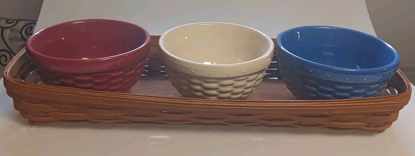 Longaberger 2007 Rich Brown Long Serving Basket & 3 bowls Red White Blue EXC Vtg