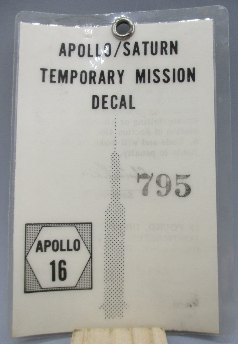 Vintage NASA 1972 APOLLO/SATURN 16 KSC Temporary Mission Decal BADGE #795. Vintage NASA 1972 APOLLO/SATURN 16 KSC Temporary Mission Decal BADGE #795.