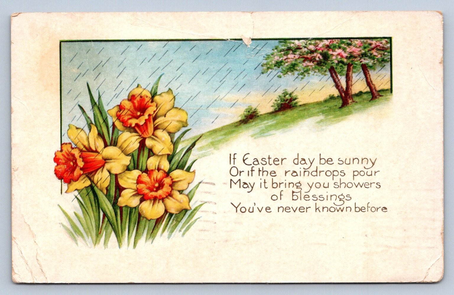 Antique 1925 Easter Postcard Daffodils Rain Showers Spring Blessings Antique 1925 Easter Postcard Daffodils Rain Showers Spring Blessings
