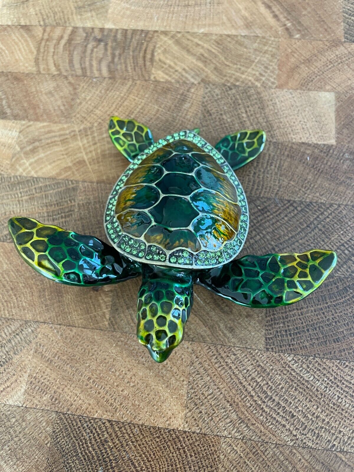 Sea Turtle Green Hand Painted Bejeweled Hinged Trinket Jewelry Box
