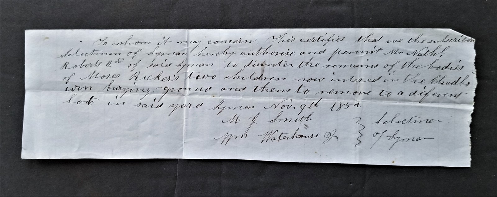 1858 antique HANDWRITTEN RECEIPT lyman me REMAINS of BODY children MOSES RICKER
