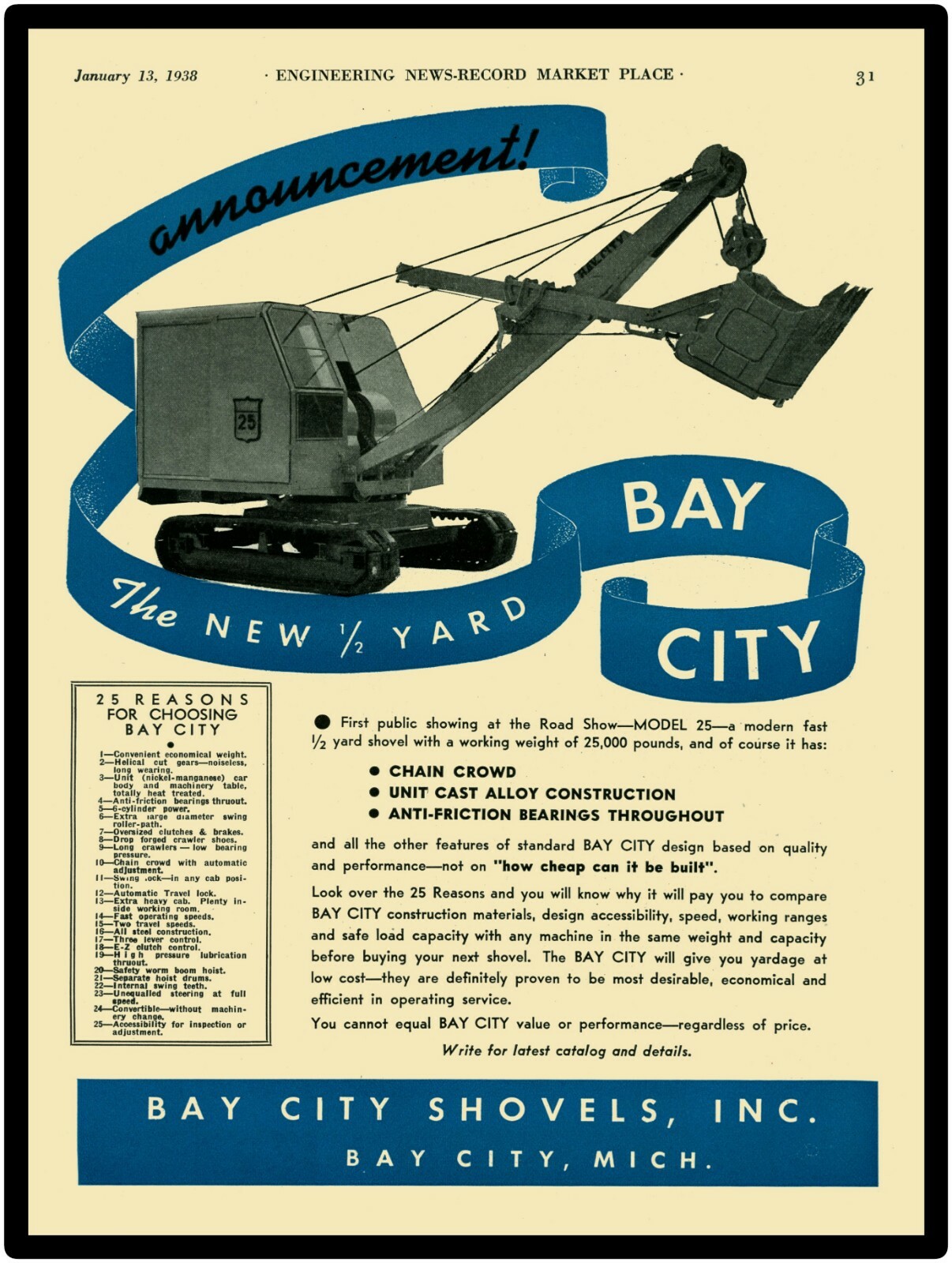 1938 Bay City Shovels New Metal Sign: Model 25 Pictured, Road Show Introduction