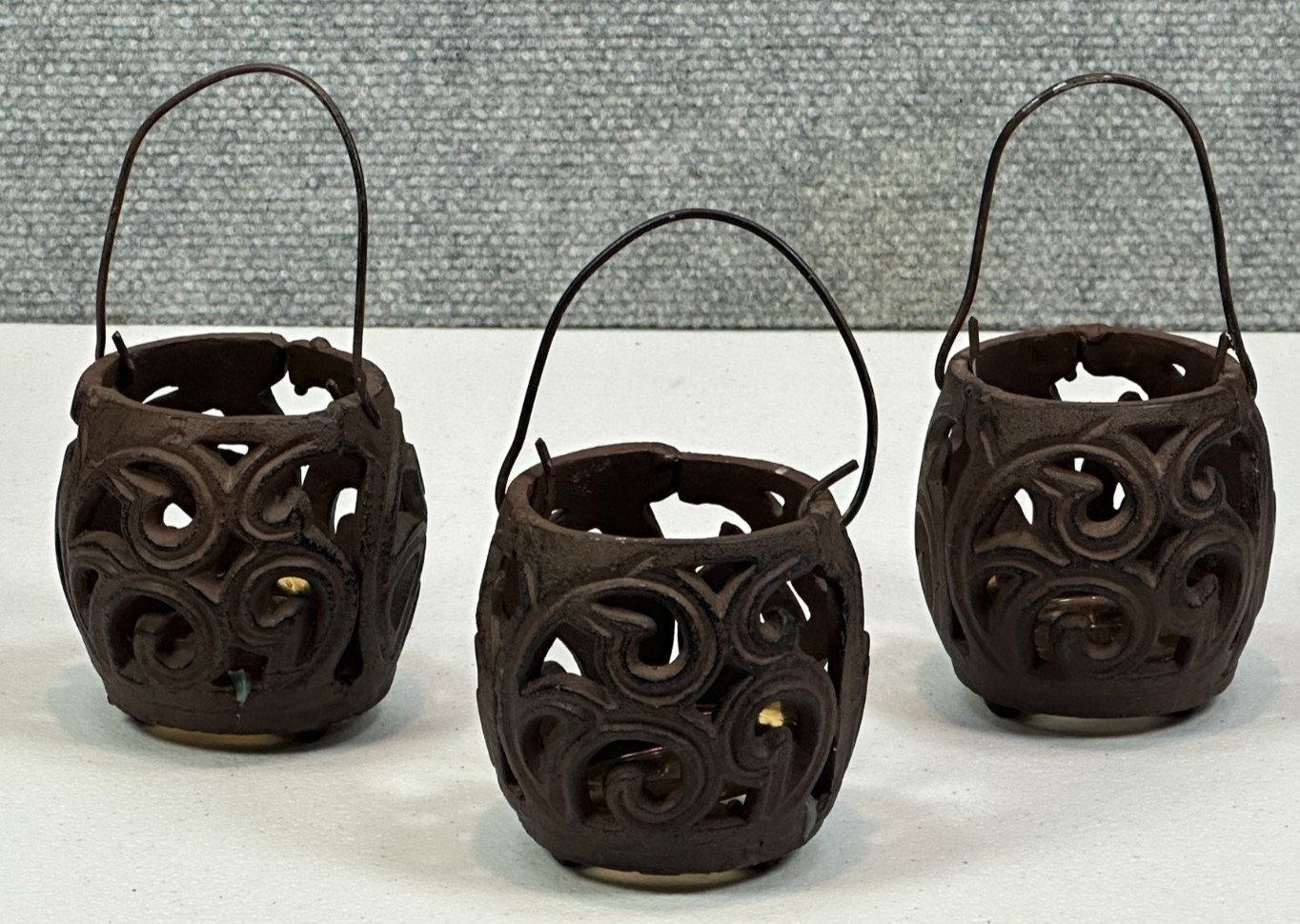 Vintage Cast Iron Votive Candle Lanterns Set of 3 Scrollwork Hanging Holders