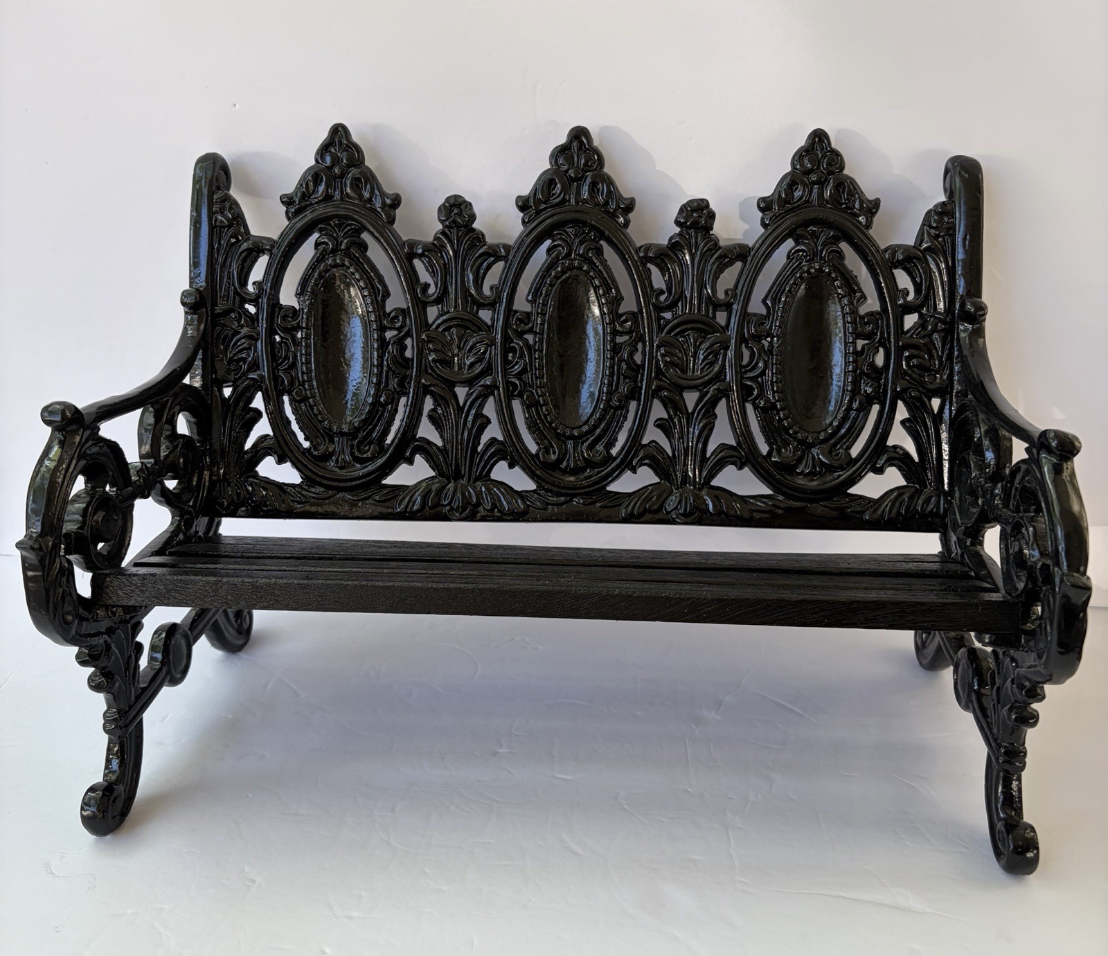 Vtg Cast Iron Park Bench - Ornate Doll Bench Or Recipe Book Holder 16”Black