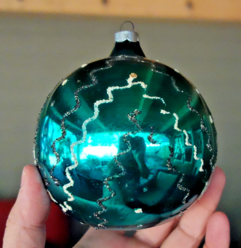 Vintage JUMBO Glass Christmas Ornament TEAL Mica Glitter Squiggles - READ