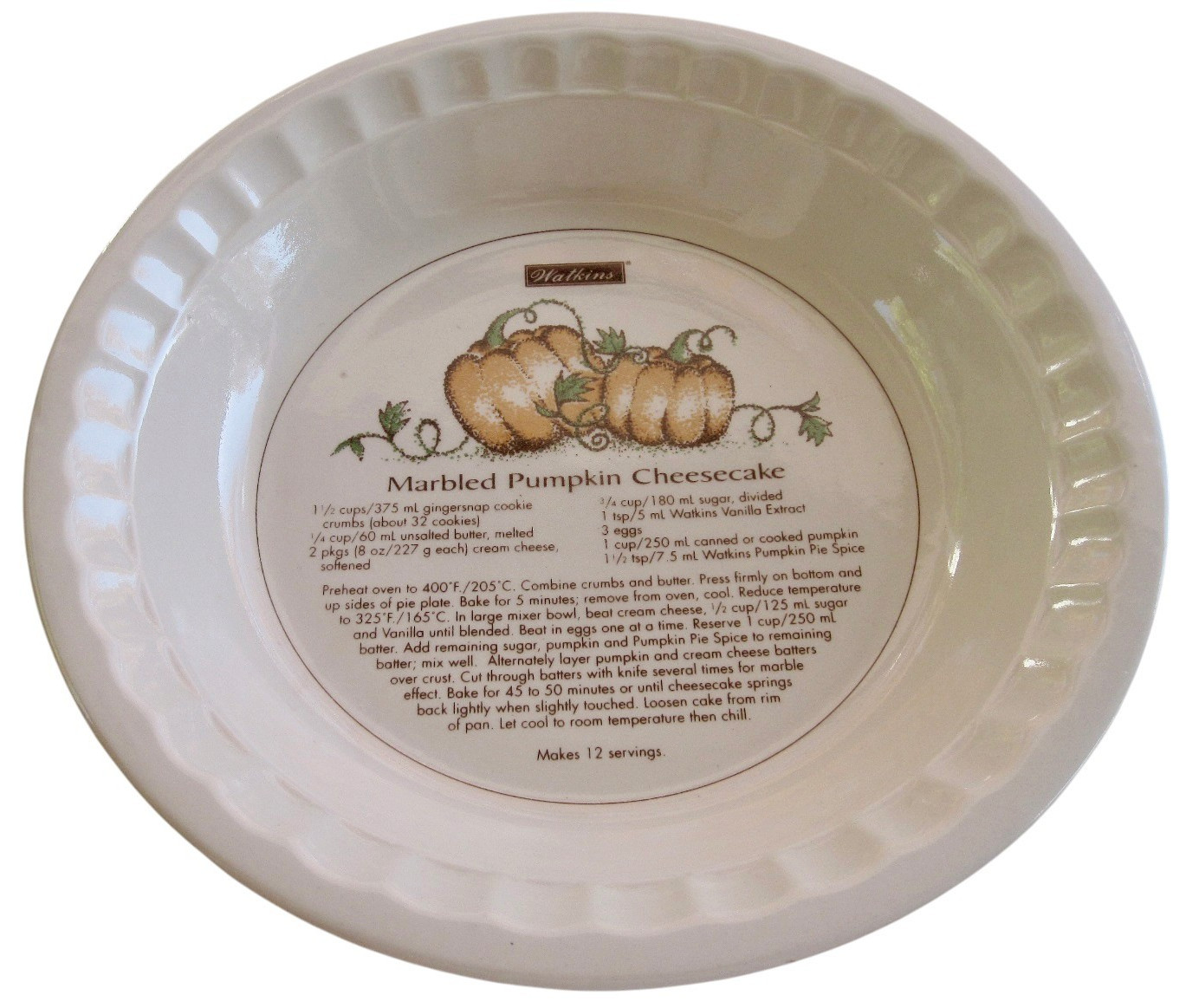 Vintage 1997 Watkins Marbled Pumpkin Cheesecake Pie Plate w Recipe Deep Dish Vintage 1997 Watkins Marbled Pumpkin Cheesecake Pie Plate w Recipe Deep Dish