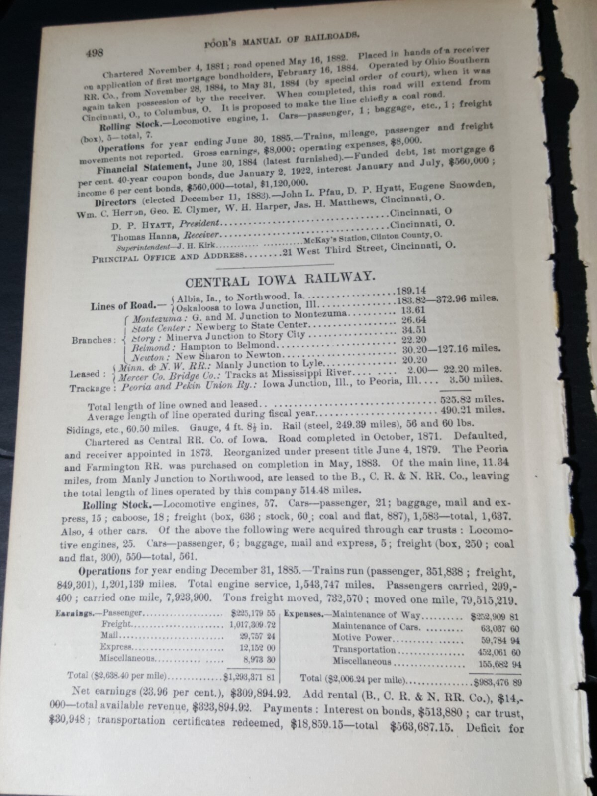 1886 train report CENTRAL IOWA RAILWAY Northwood Marshalltown Oskaloosa railroad