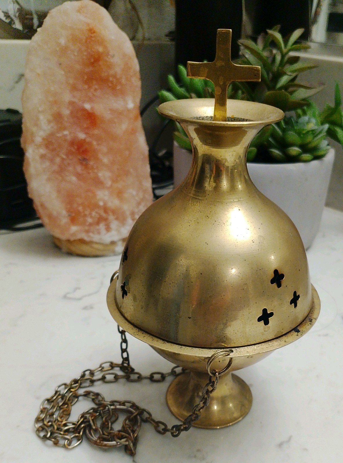Vintage Solid Brass Hanging Censer Thurible Incense Burner with Cross Top 7.5'x4