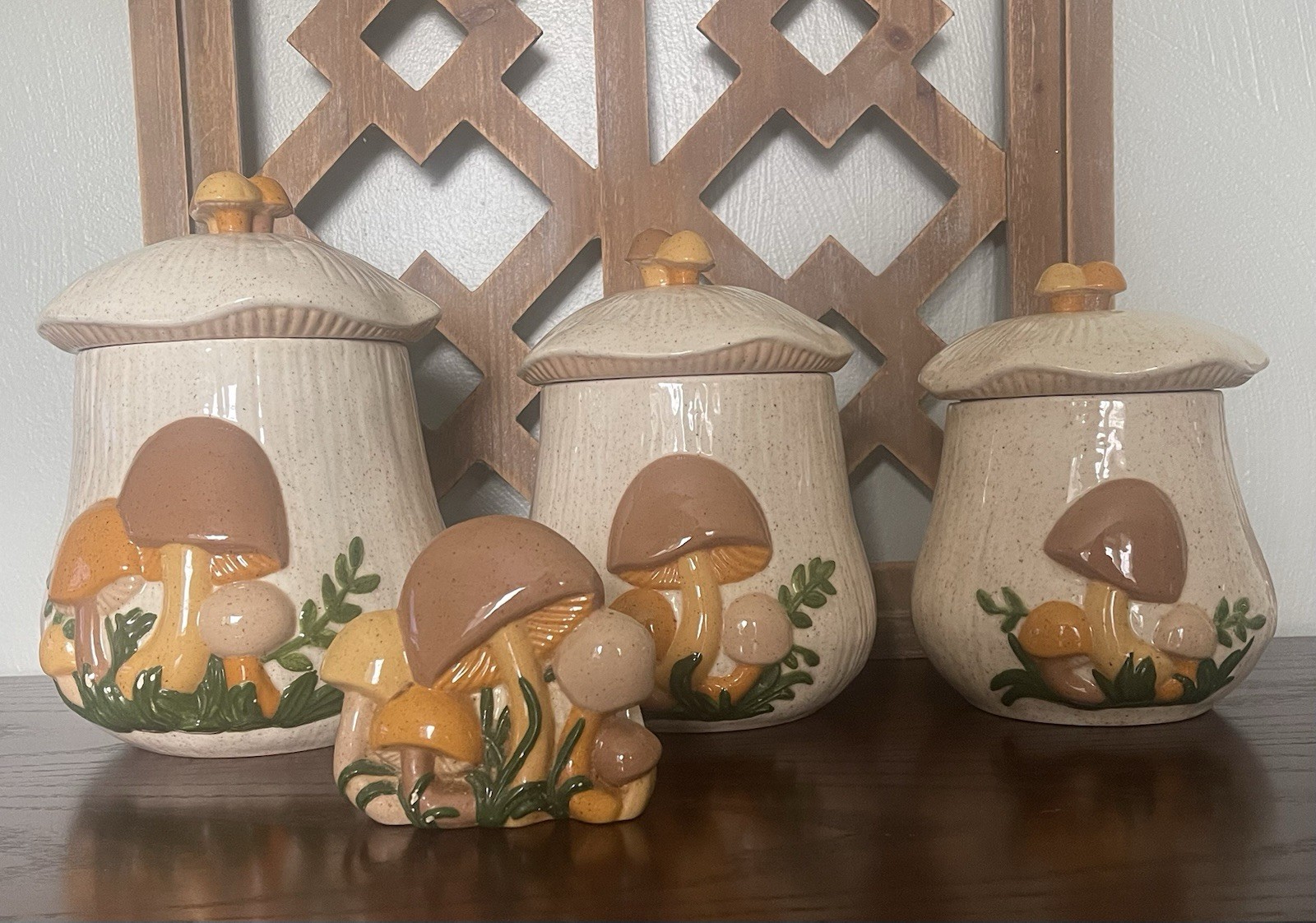 Vintage 1970s Ceramic Mushroom Canister Set 4 Pc Retro Kitchen Cottagecore Vintage 1970s Ceramic Mushroom Canister Set 4 Pc Retro Kitchen Cottagecore