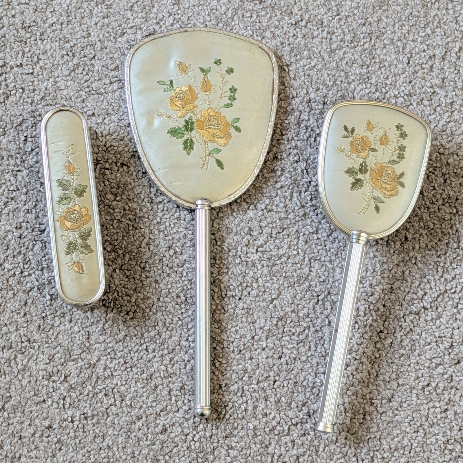 Vintage 1960\'s Vanity Set With Hand Mirror 2 Brushes Embroidered Flower Detail Vintage 1960\'s Vanity Set With Hand Mirror 2 Brushes Embroidered Flower Detail