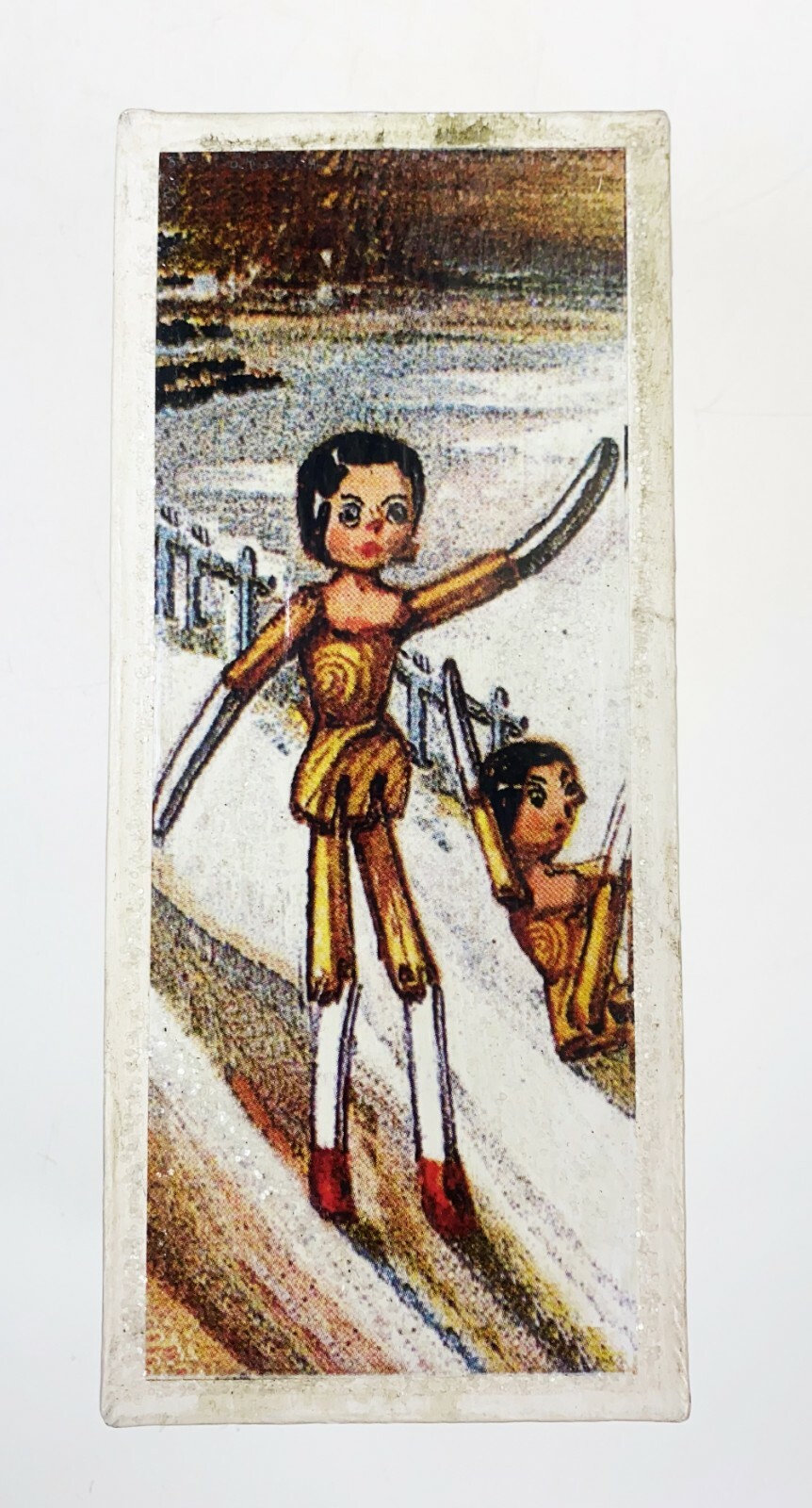 Empty Box Cross Country Ski Skier Female Woman Wood Puppet Vtg Container