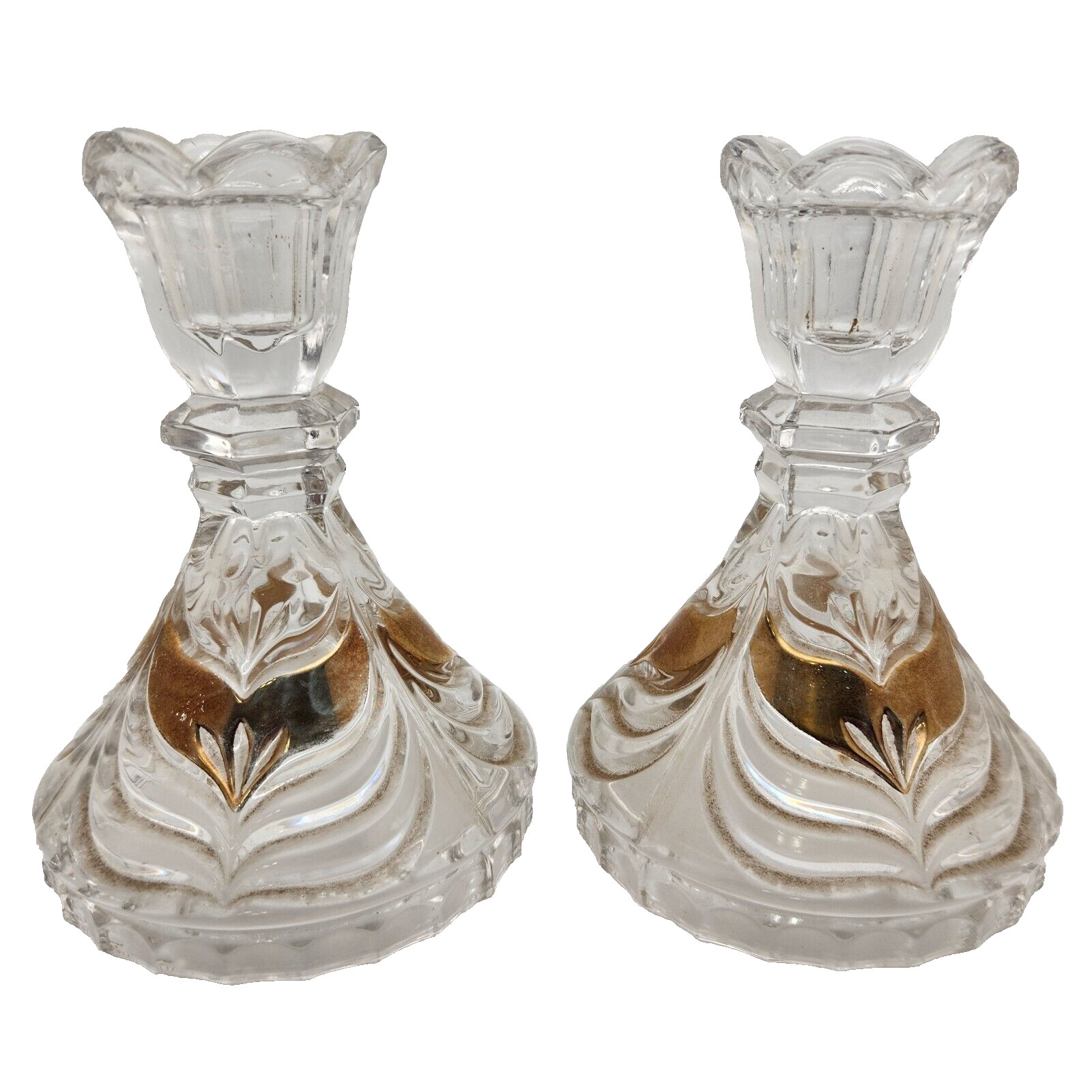 CRYSTAL CANDLESTICKS Holders GERMAN HANDARBEIT 22K GOLD CLEAR 5\ CRYSTAL CANDLESTICKS Holders GERMAN HANDARBEIT 22K GOLD CLEAR 5\