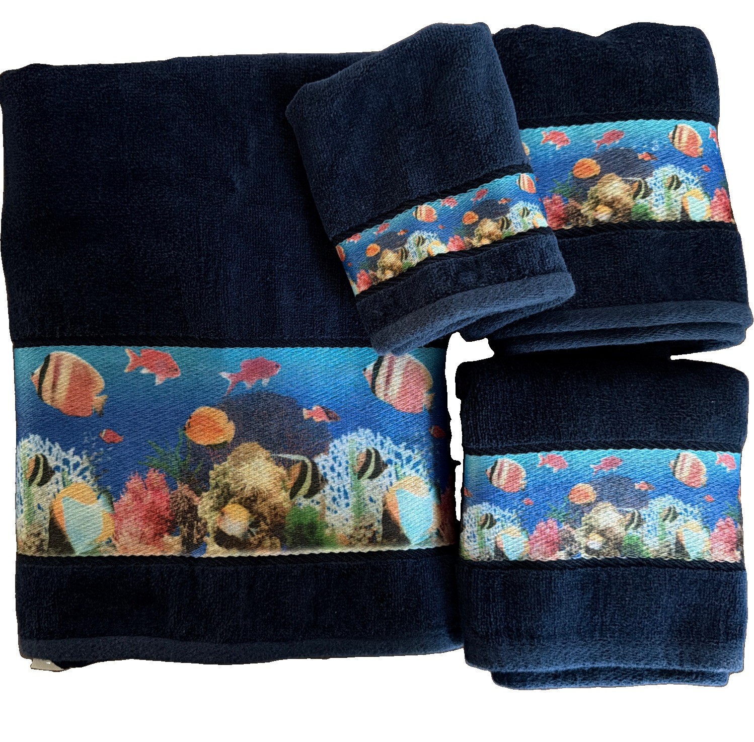 Vtg JUBILEE Blue Bathroom Towel Set of 4 cotton Fish Ocean Tropical Beach Decor