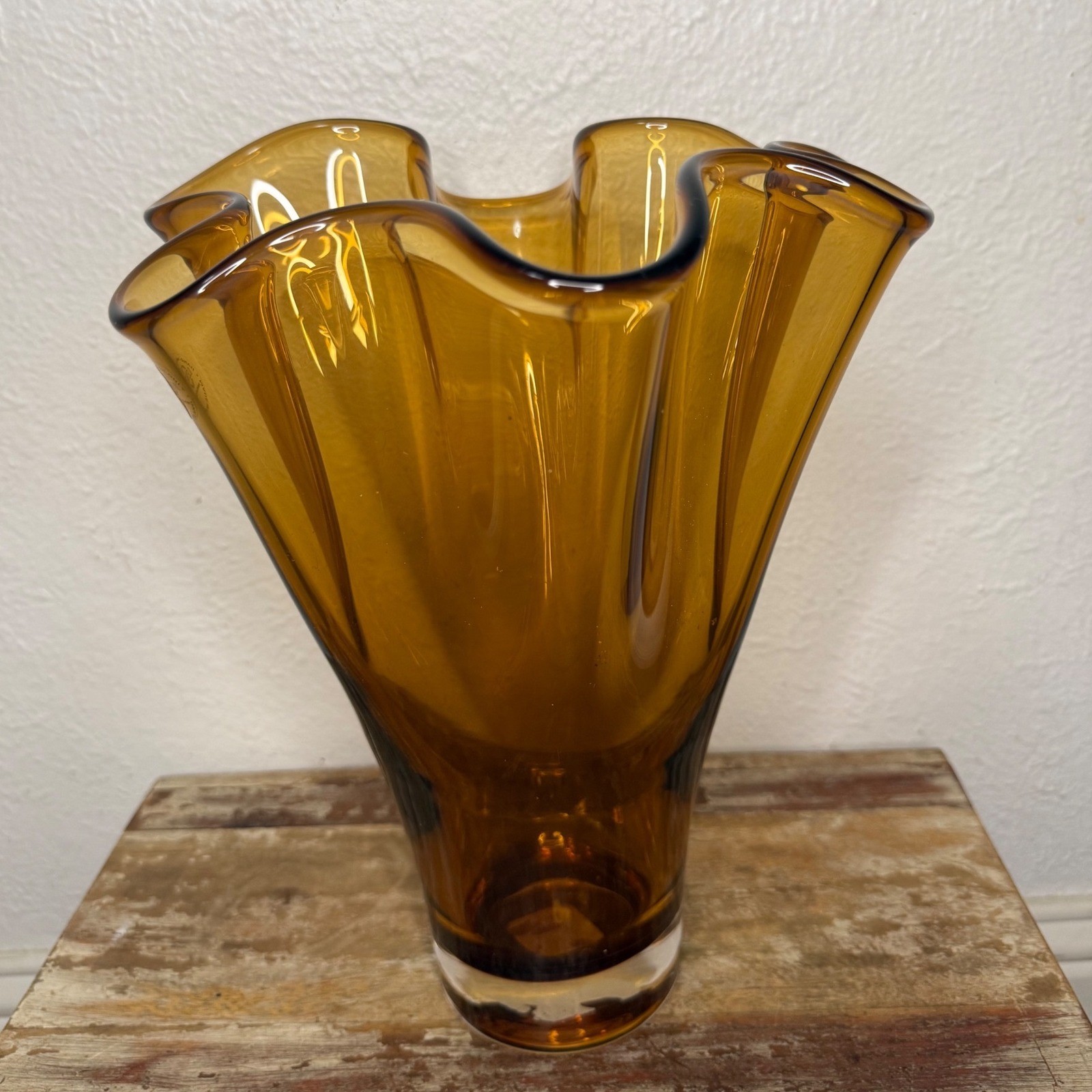 Vintage 70s Lenox Amber Art Glass Handkerchief Vase Hand Blown MCM Vintage 70s Lenox Amber Art Glass Handkerchief Vase Hand Blown MCM