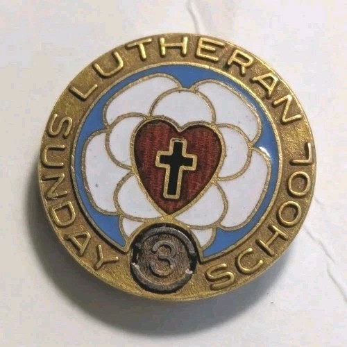 Vintage Lutheran Sunday School Pin Enamel Metal Tie Hat Lapel Award 3 Years Vintage Lutheran Sunday School Pin Enamel Metal Tie Hat Lapel Award 3 Years