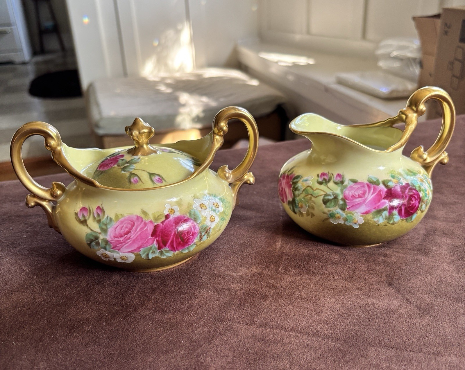 Antique T&V Limoges France Hand Painted Roses Sugar w Lid & Creamer w Gold Trim