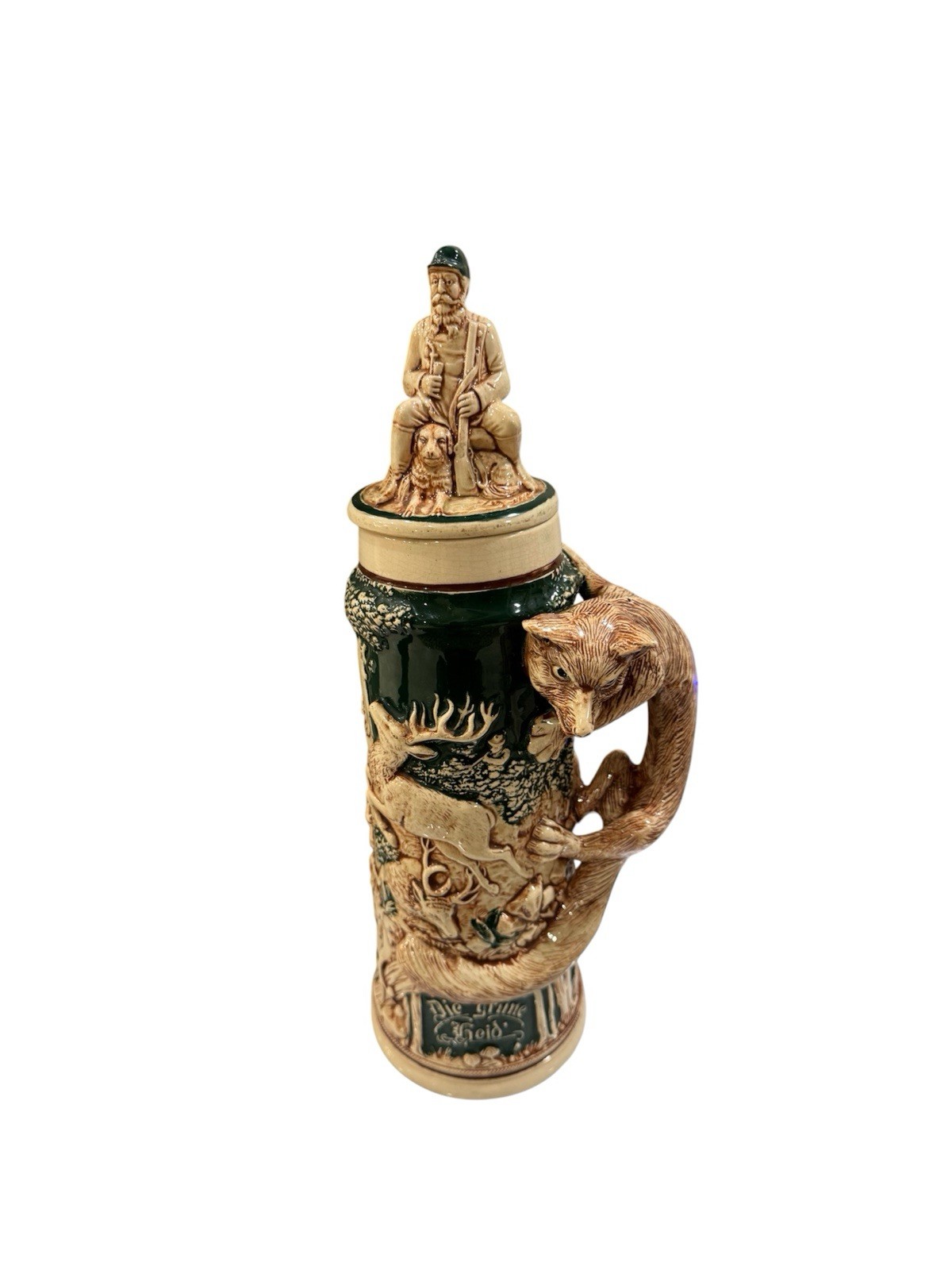 Antique German Beer Stein Fox Hunting Figural Lid Handle Mold 1032