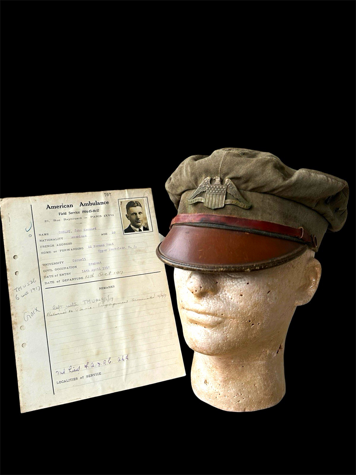 RARE WWI American Ambulance Field Service Named Visor w/ Original Document RARE WWI American Ambulance Field Service Named Visor w/ Original Document
