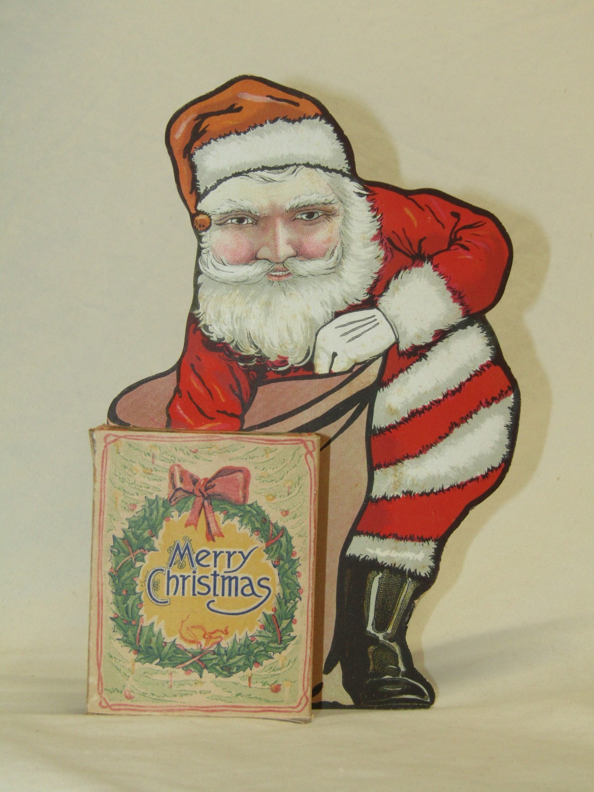 Vintage Christmas Ornament USA Antique Santa Die Cut Candy Container Box 1940s