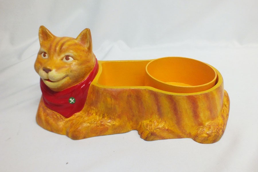 Vintage 1991 Custom One Off Figural Yellow Cat Food Dish Artist Made Ed Colarik