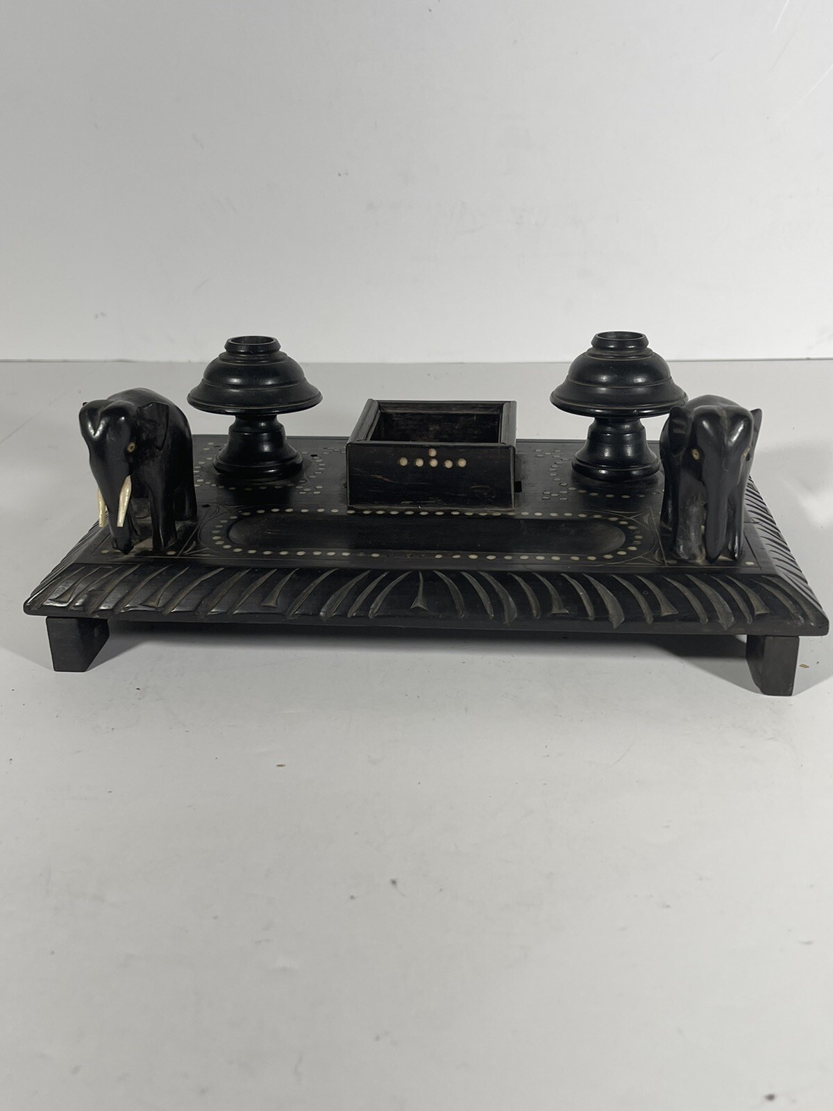 Antique Indian Wooden Desk Inkwell With Carved Elephants Gorgeous Pls Check Pict