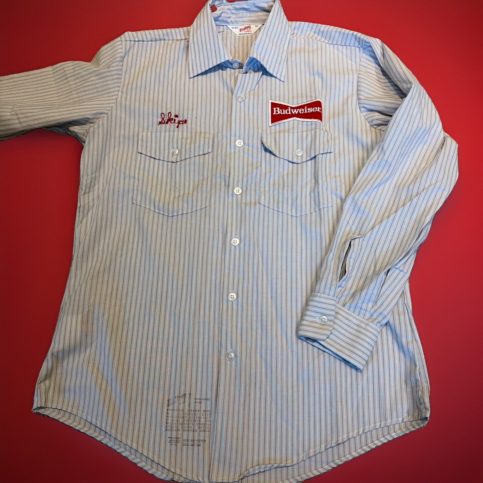 Vtg Budweiser Beer Striped Button Up UNIFORM Shirt Sz M 15-15.5 