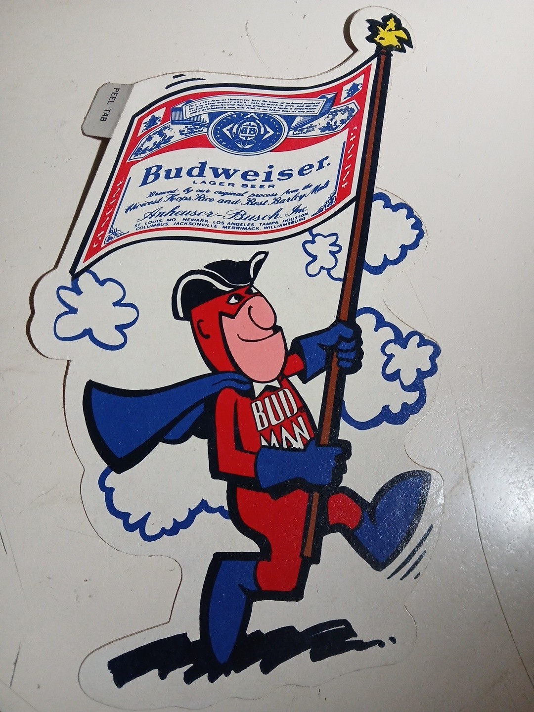 RARE VINTAGE ORIGINAL 1976 BUDWEISER BUD MAN DECAL STICKER SIGN WALKING MAN FLAG