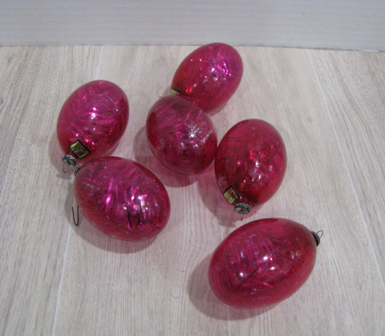 6 Vintage Wolin Pink Egg Shape Ornaments w/Silver Tinsel Made in Japan 50's-60's