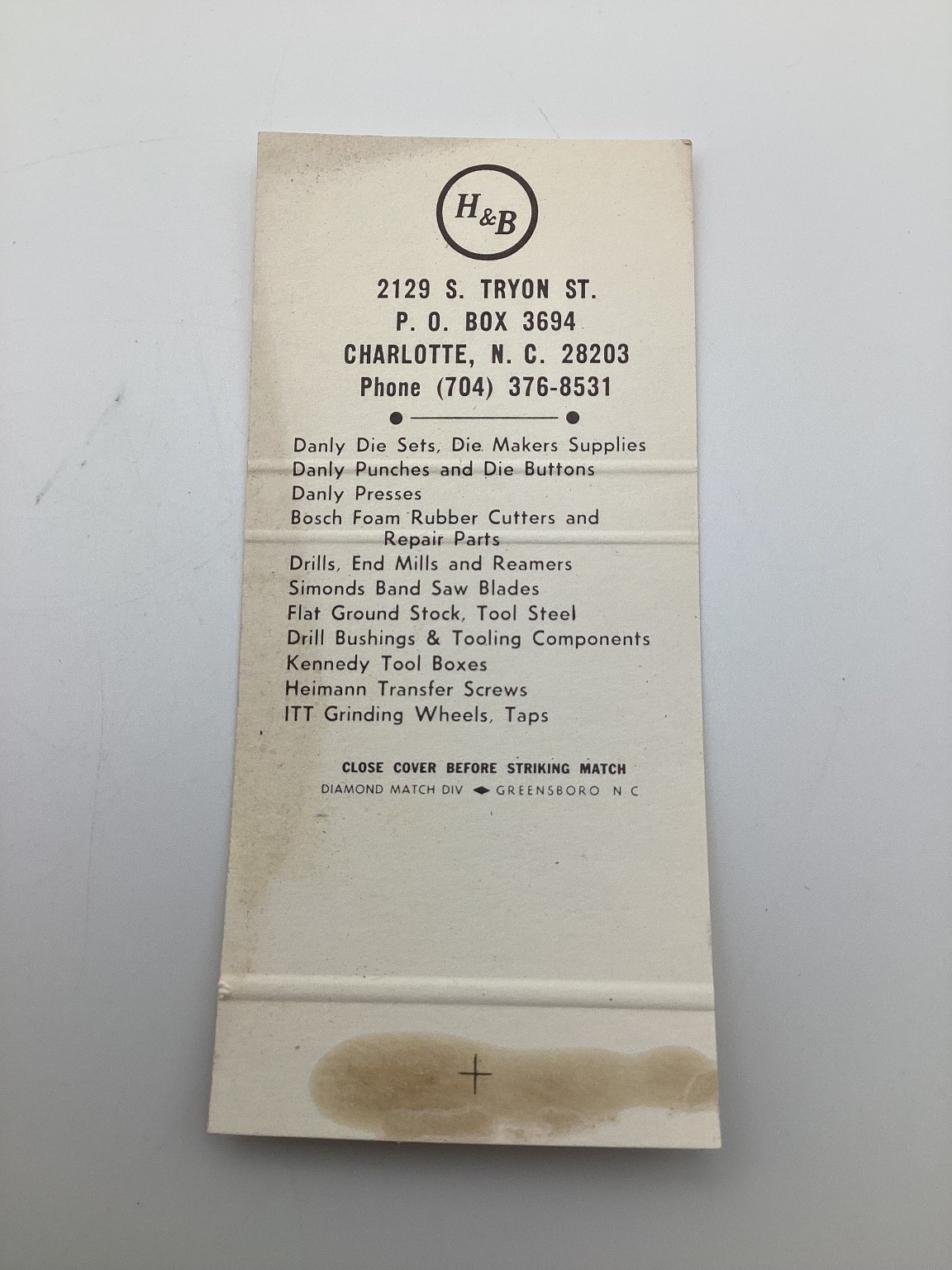 Vintage H&B Charlotte NC Industrial Tool Supply Matchbook Cover Vintage H&B Charlotte NC Industrial Tool Supply Matchbook Cover