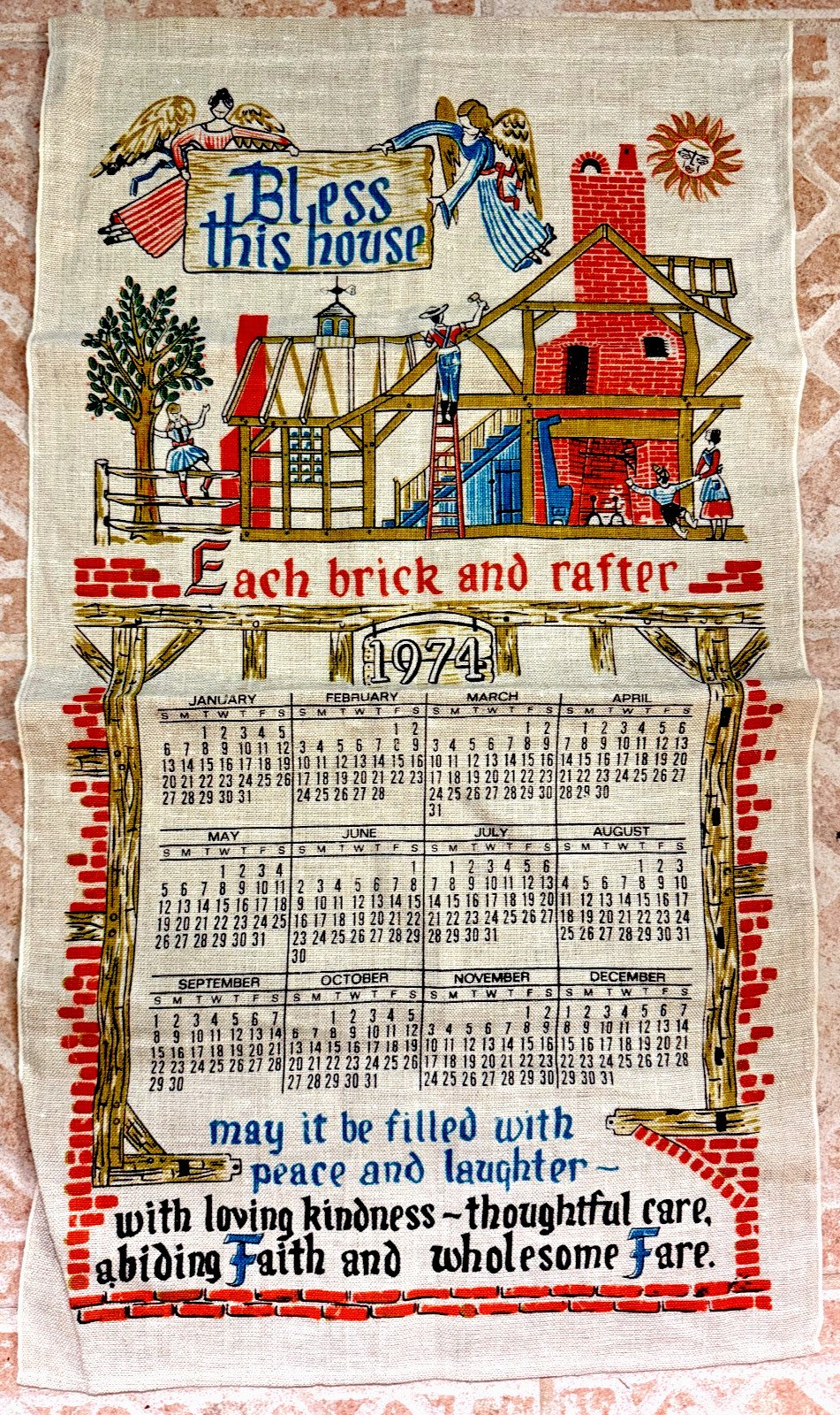 Vintage 1974 Tea Towel Bless This House Farmhouse Colorful Crisp New Poland