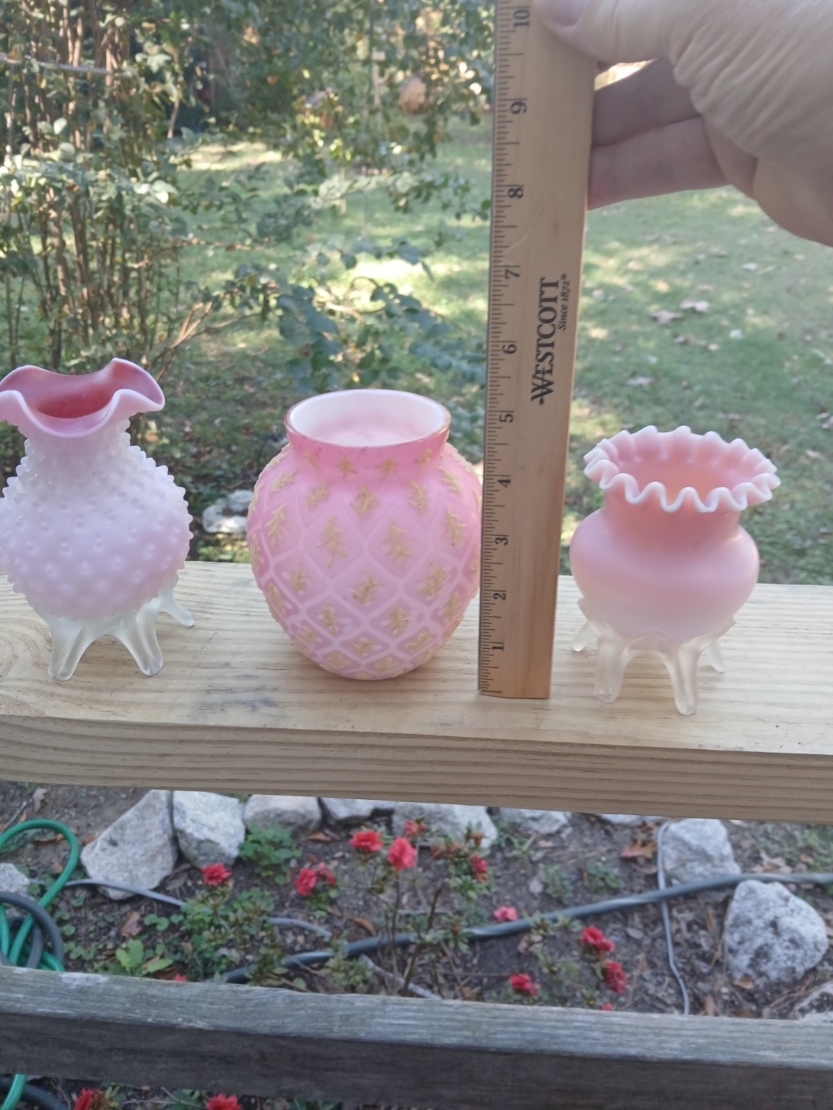 Mt. Washington Coralene Satin Art Glass Vase Group 3 pieces