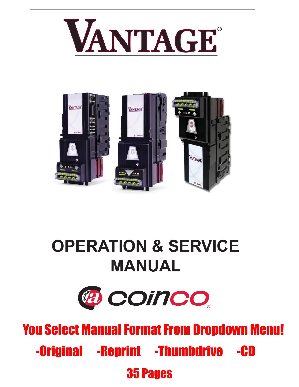 Coinco Vantage dollar bill acceptor Manual - You Select Option