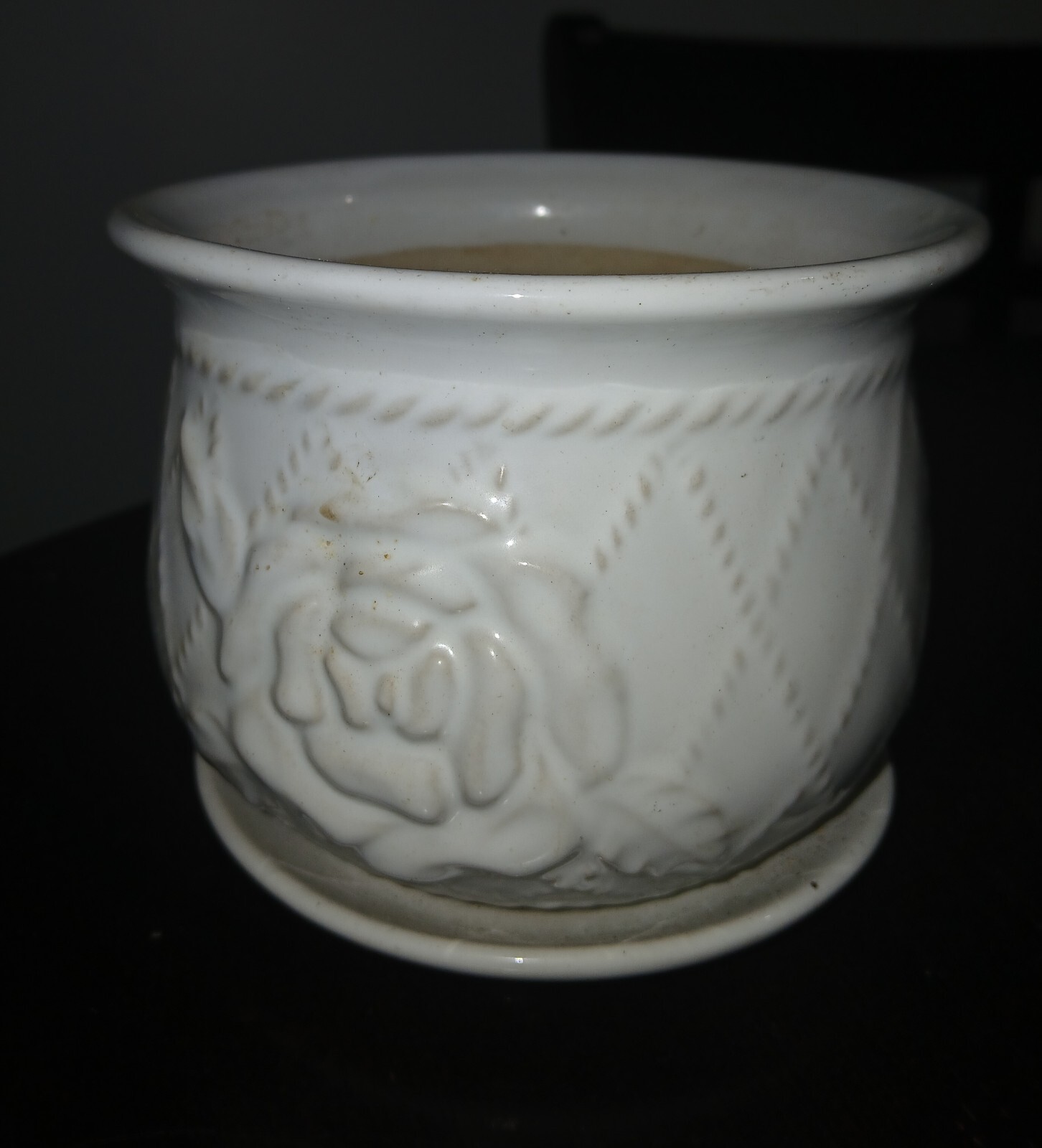 Vintage Ceramic Planter With Saucer Rose Motif Vintage Ceramic Planter With Saucer Rose Motif