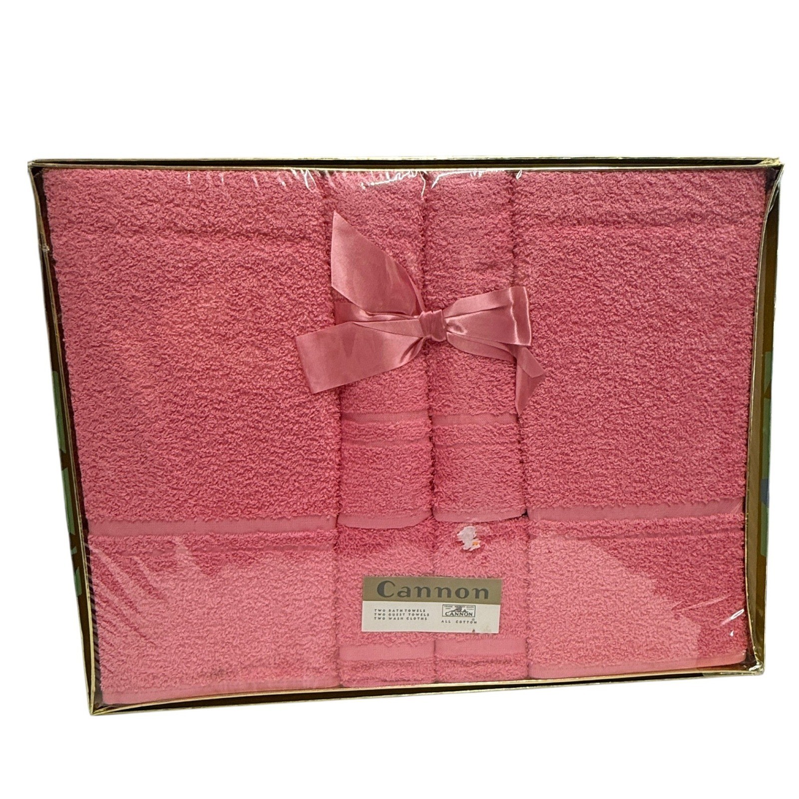 Vintage 1950s Cannon Mills  6 Pc Towel Set NOS Deadstock Pink Gold Gift Box MCM