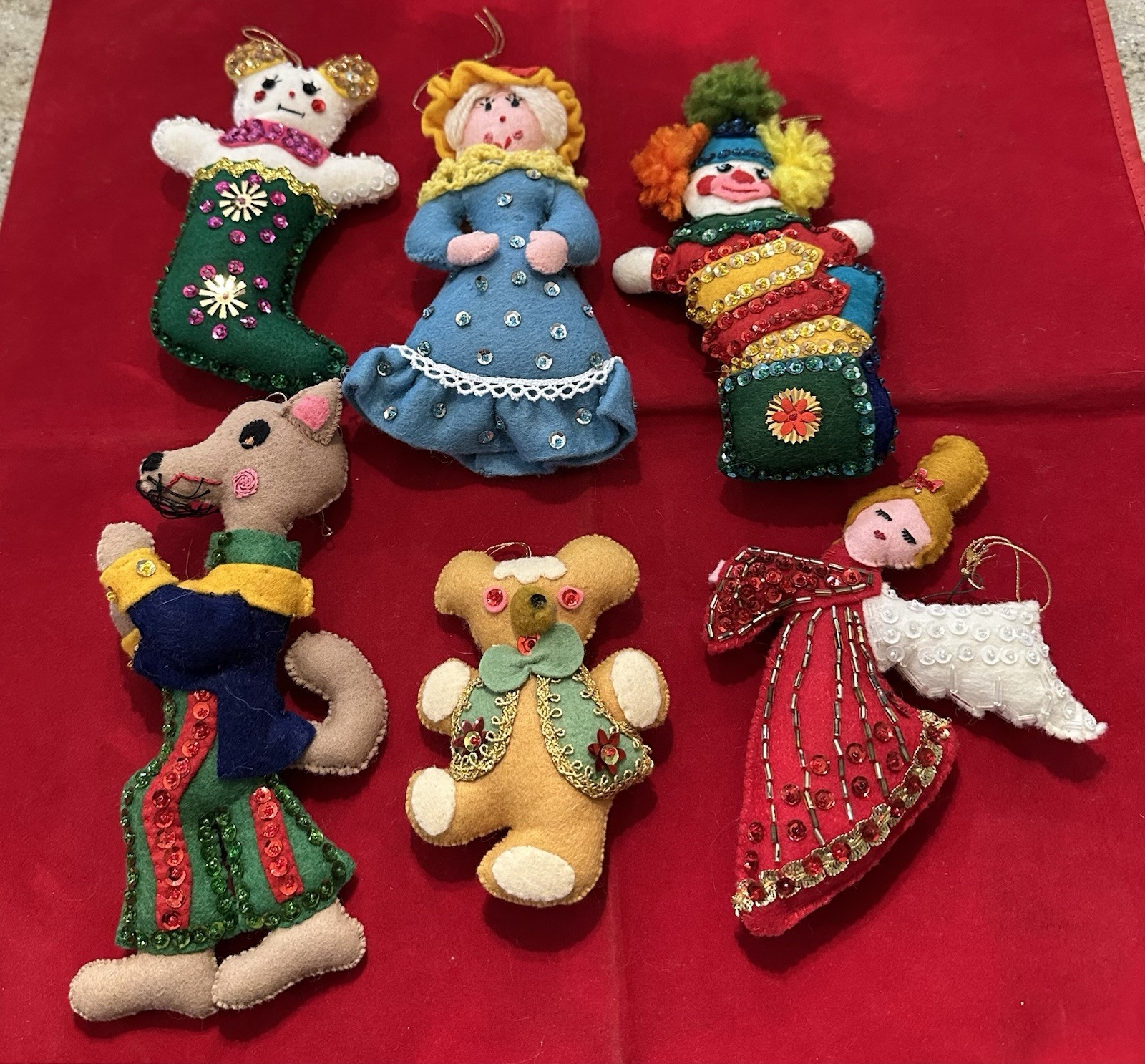Vintage Handmade Felt Sequin Christmas Ornaments Animal’s & Clown 4\ Vintage Handmade Felt Sequin Christmas Ornaments Animal’s & Clown 4\