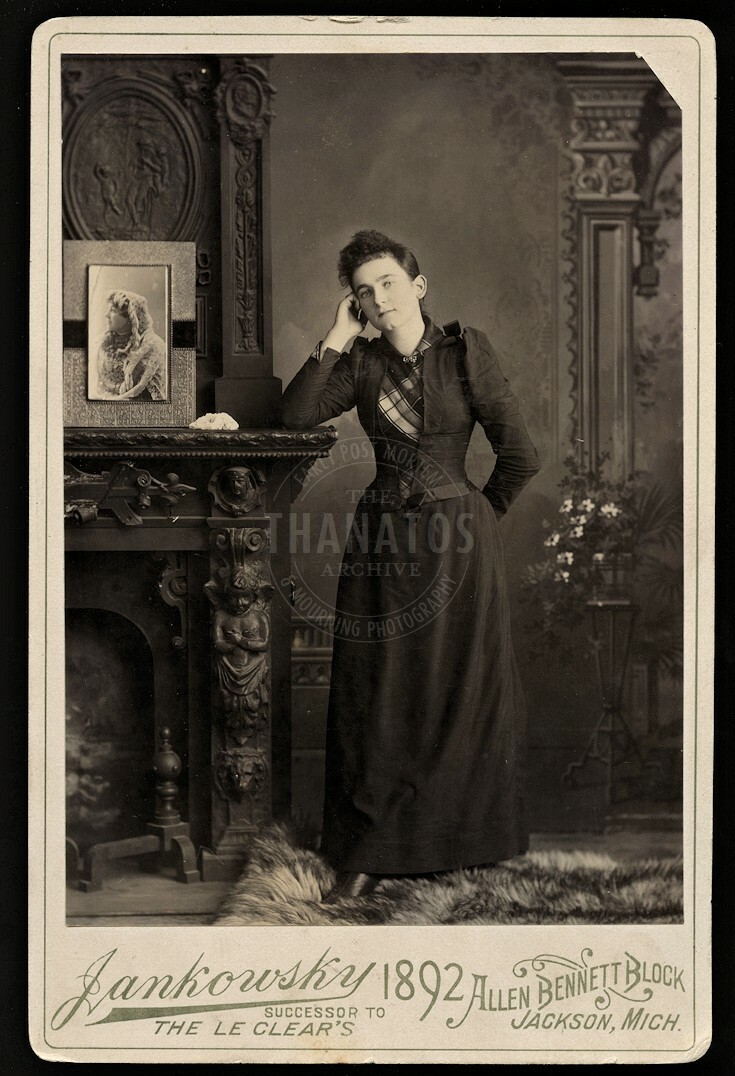 1890s photo michigan girl in dark dress posing w' woman's photo - mourning? PIP