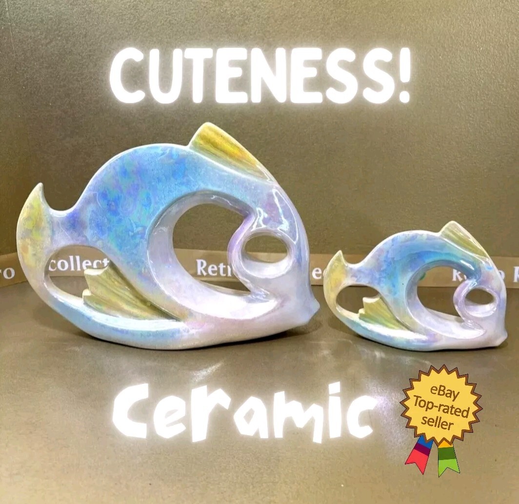 Vintage Ceramic Fish Cubist Pearlescent Sculptures MCM 1980\'s Large and Small Vintage Ceramic Fish Cubist Pearlescent Sculptures MCM 1980\'s Large and Small