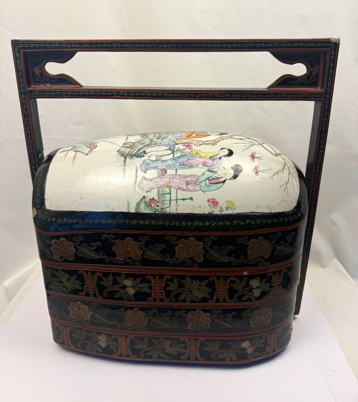 Vintage Chinese 3 Tier Lacquer Wedding Basket Hand Painted Porcelain Lid FineArt