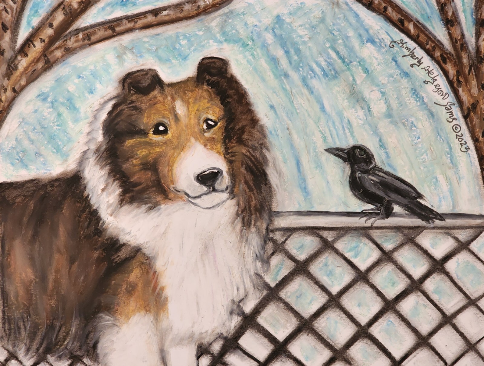 SHELTIE Meets a Crow Vintage Style Dog Bird Art 8.5 x 11 Signed Giclee Print SHELTIE Meets a Crow Vintage Style Dog Bird Art 8.5 x 11 Signed Giclee Print