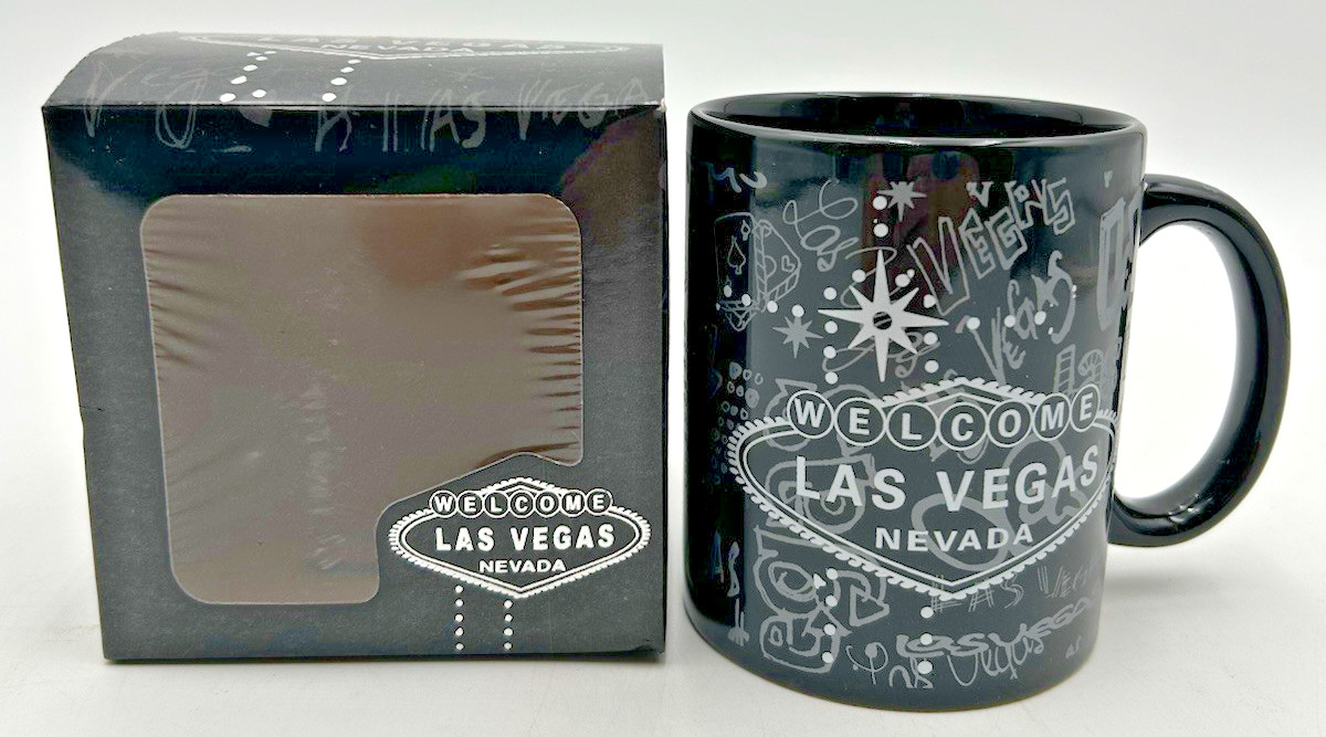 Las Vegas Graffiti ABC Stores Ceramic Coffee Mug Cup Black White NEW In Box Las Vegas Graffiti ABC Stores Ceramic Coffee Mug Cup Black White NEW In Box