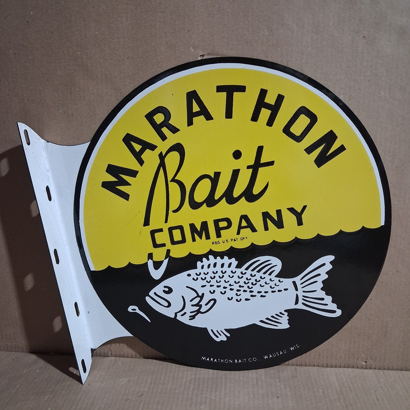 Marathon Bait Company Porcelain Enamel Sign  19.5 x 17 Inches 2 Sided