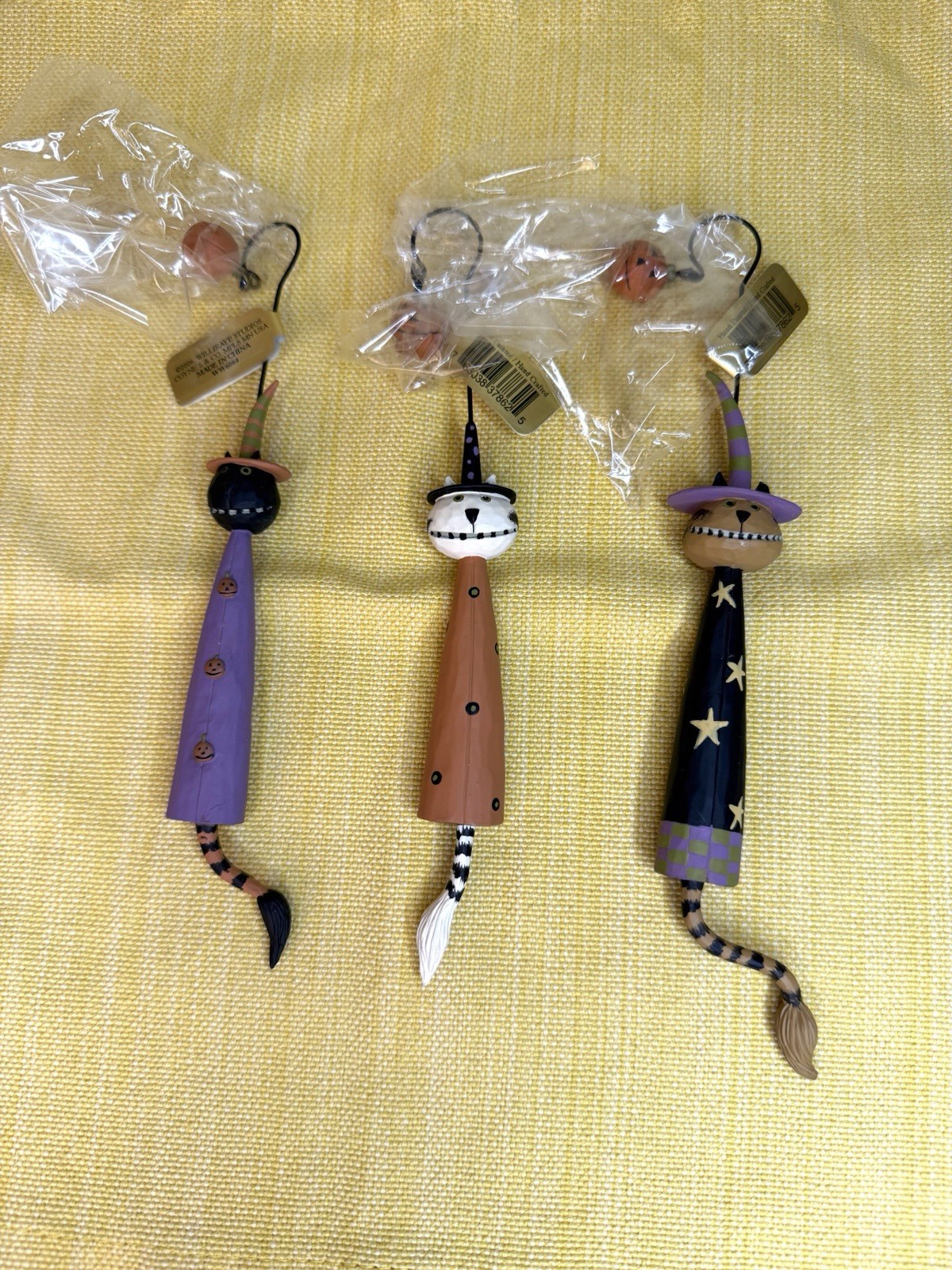 Williraye Studios Halloween Hanging Cat Witch Ornaments NOS Folk Art RARE