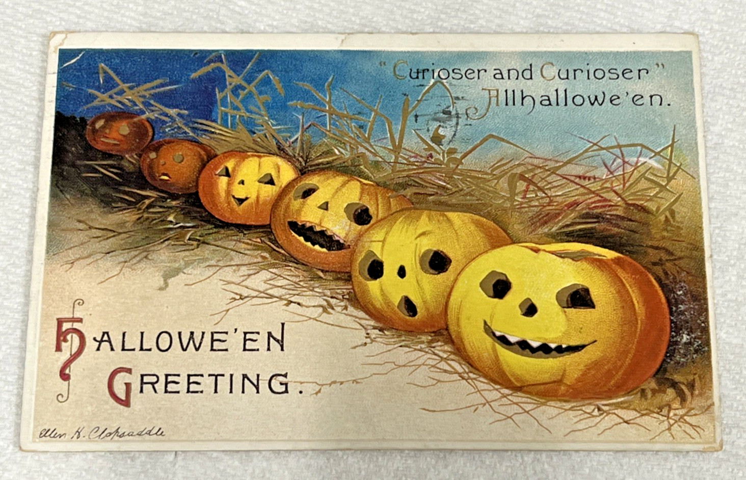 Vintage Ellen Clapsaddle Halloween Greeting Jack o' Lanterns Pumpkins Postcard