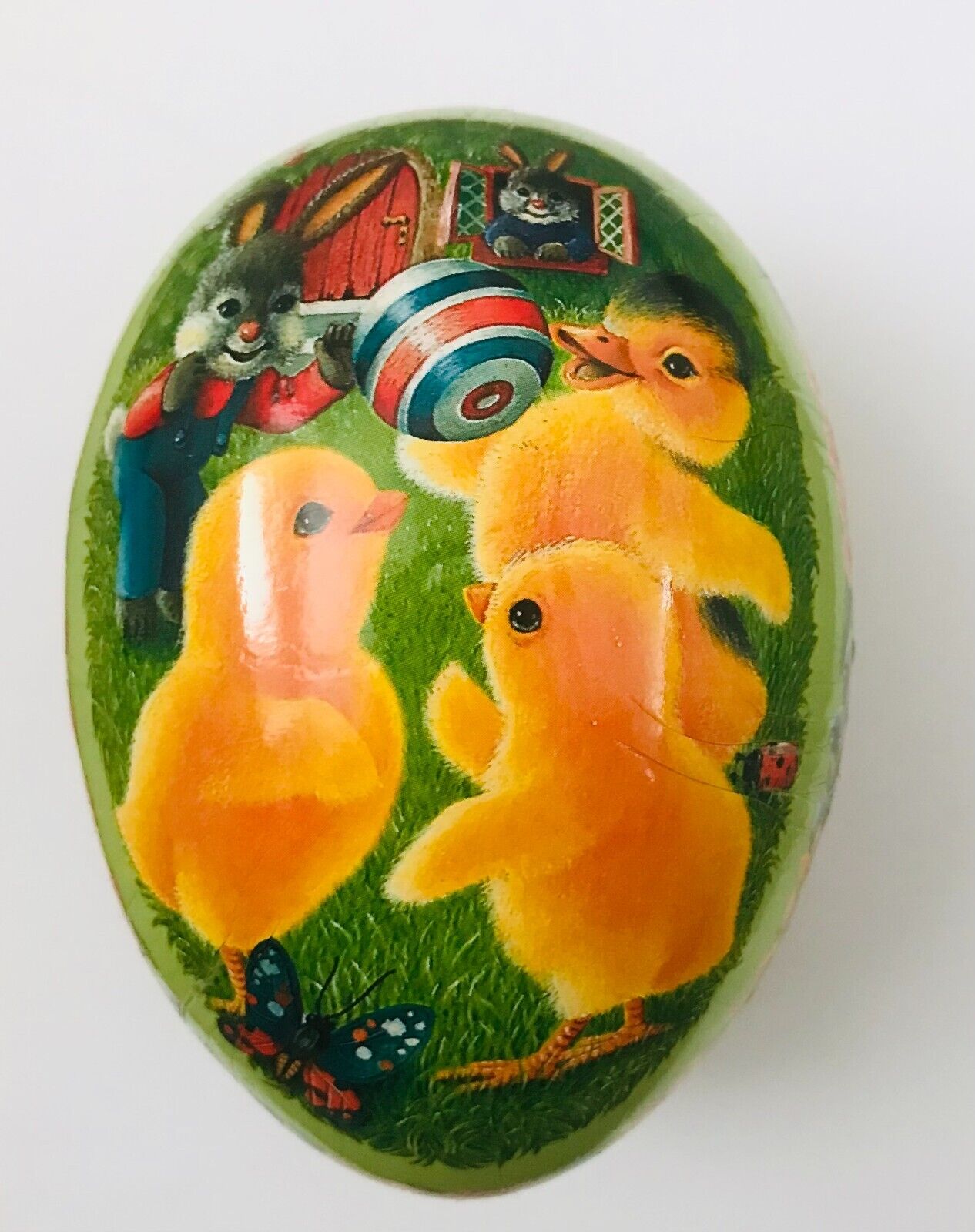Vintage German Paper Mache Easter Egg Candy Container Chicks Rabbit Yellow 4\