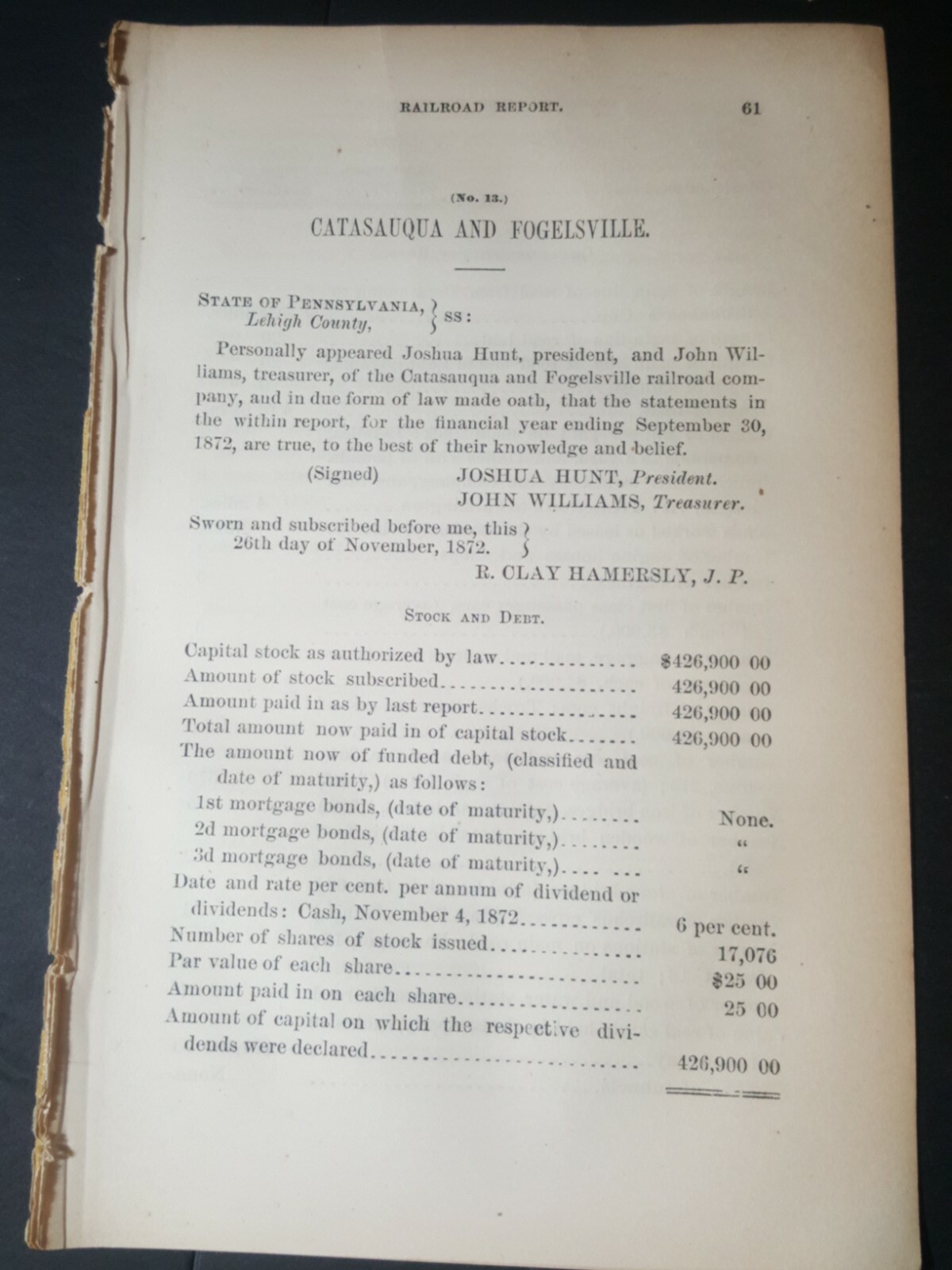 1873 report CATASAUQUA & FOGELSVILLE RAILROAD Rittenhouse Gap Berks County PA