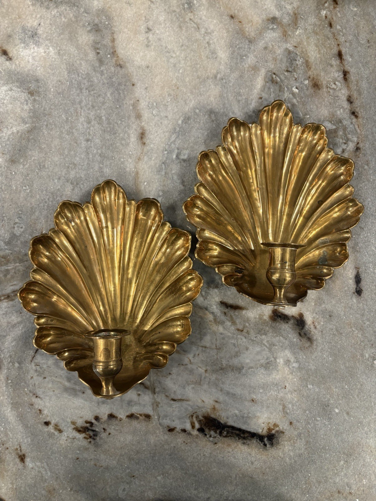 RARE PAIR Vintage Brass Clam Scallop Shell Wall Candle Sconces Regency MCM RARE PAIR Vintage Brass Clam Scallop Shell Wall Candle Sconces Regency MCM