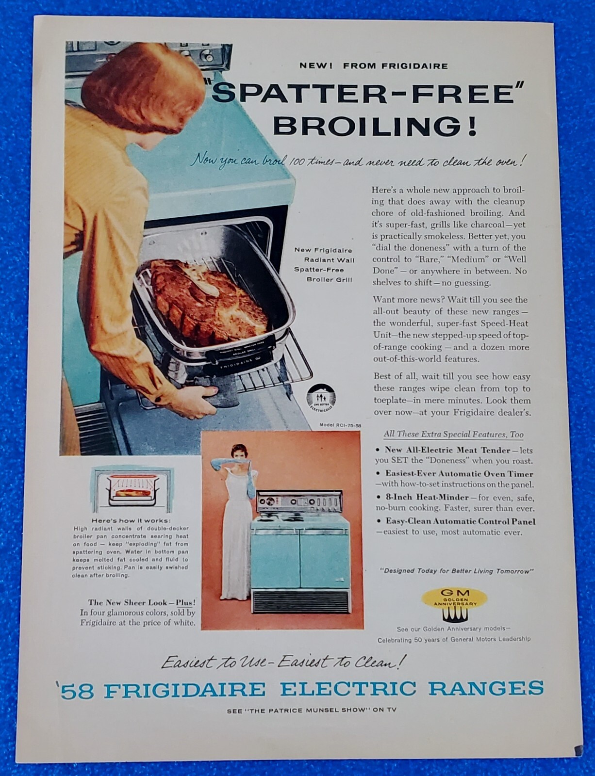 1958 SPATTER FREE BROILING-FRIGIDAIRE ELECTRIC RANGES CLASSIC ORIGINAL PRINT AD