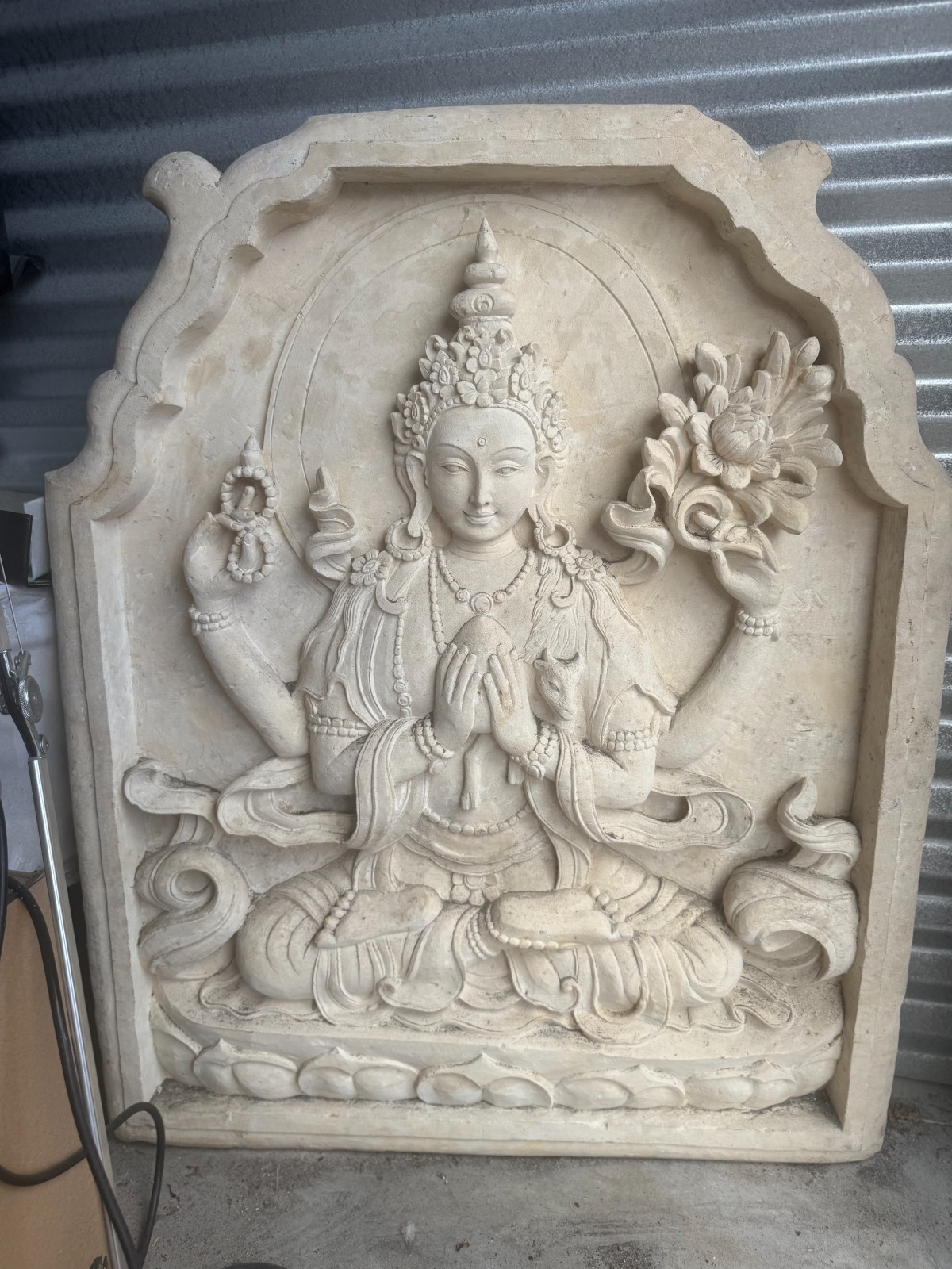 Large striking Balinese relief Sand Stone Panel 3'x4' of four armed Chenrezig Large striking Balinese relief Sand Stone Panel 3'x4' of four armed Chenrezig